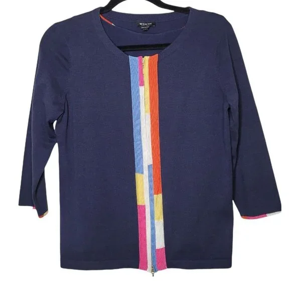 Worth New York Navy Blue Rainbow trim Tank and Cardigan womens size Small